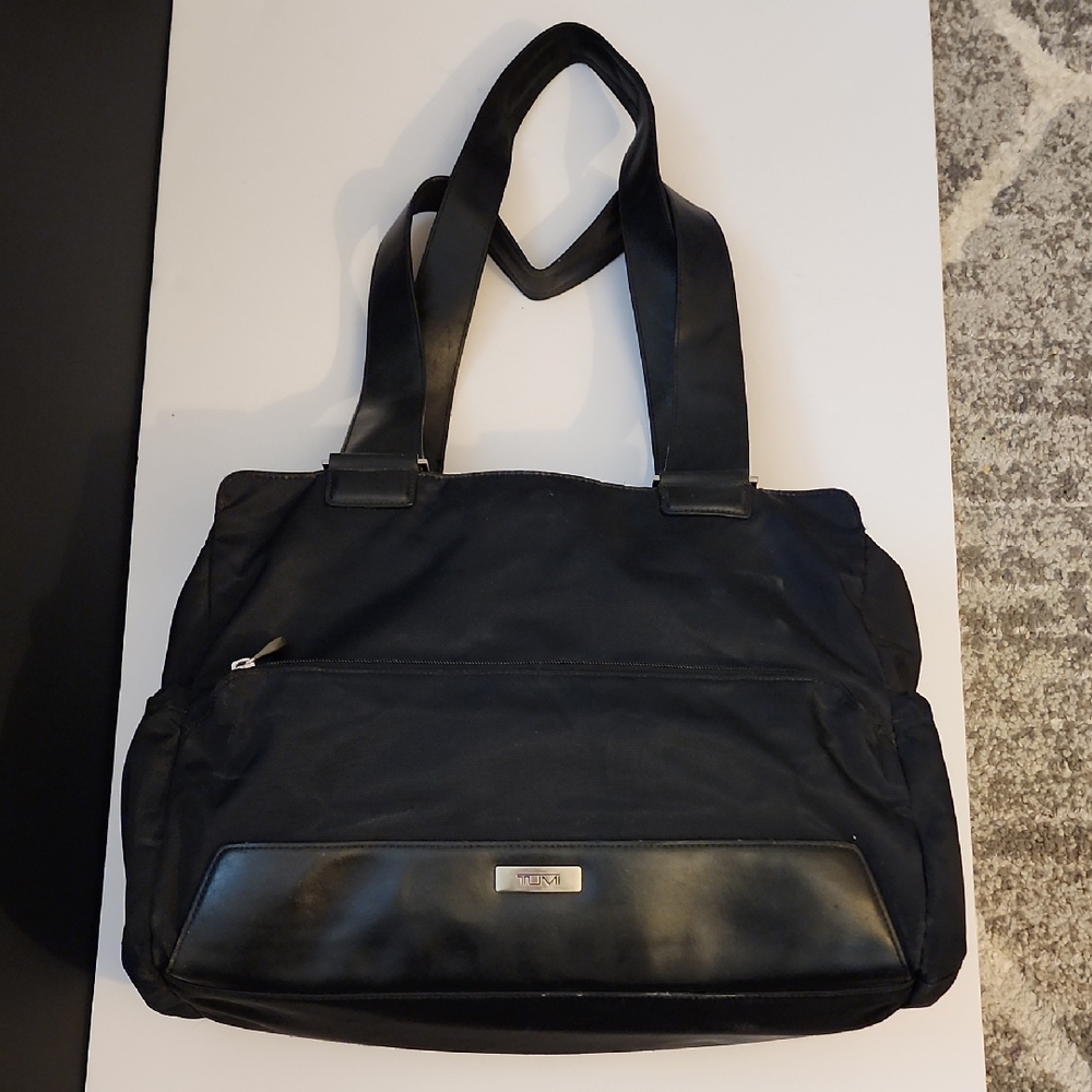 Tumi Black Nylon Satchel/Tote Bag With Leather Handles And Trim.